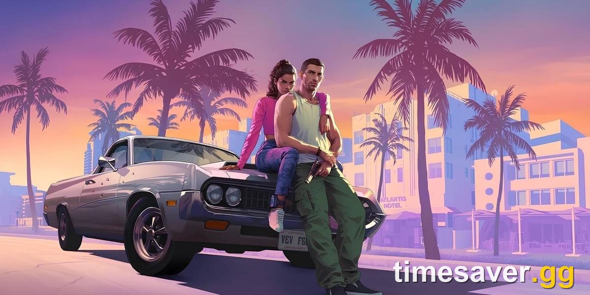 GTA 6 Jason and Lucia key art, Jason holding a pistol beside a car in Vice City