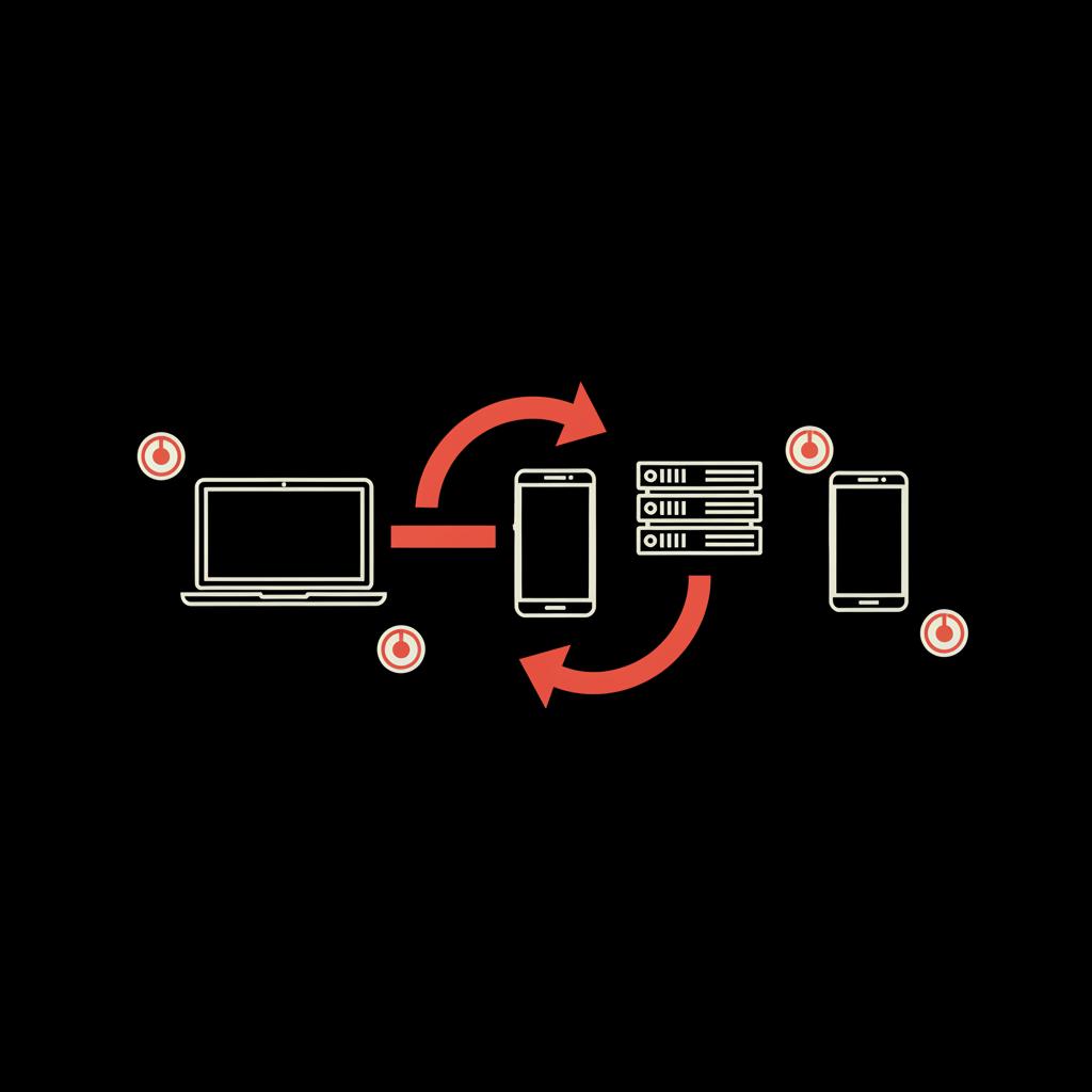 Minimal 2D vector infographic of laptop, smartphone and server with curved accent arrows for token revocation and MFA re-enrollment to enable disabled user account