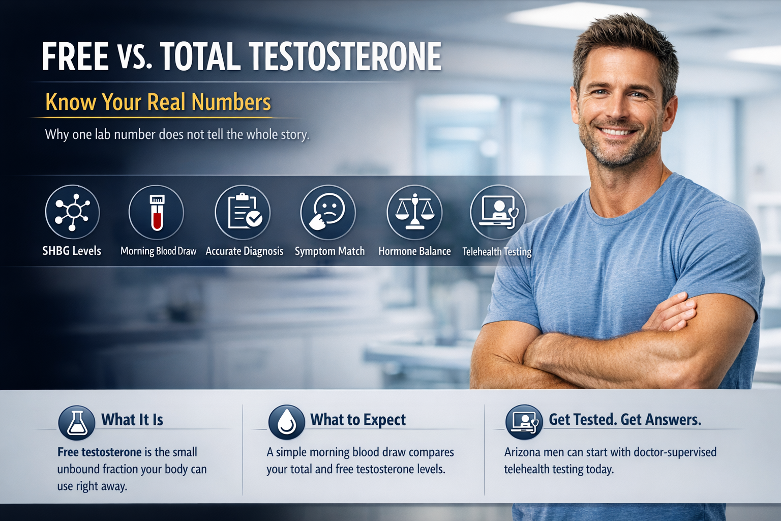 Free vs. Total Testosterone Explained for Arizona Men — AZTRT Arizona TRT clinic blog cover showing a man in a medical clinic setting with a free vs. total testosterone infographic