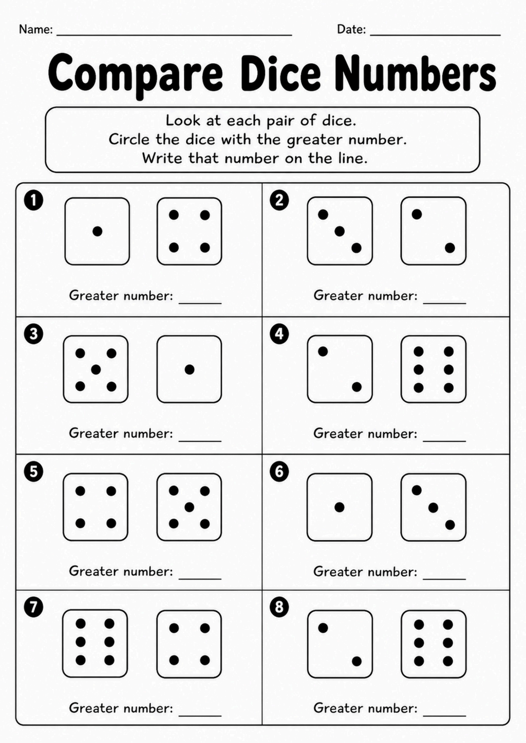 Compare Dice Numbers Worksheet