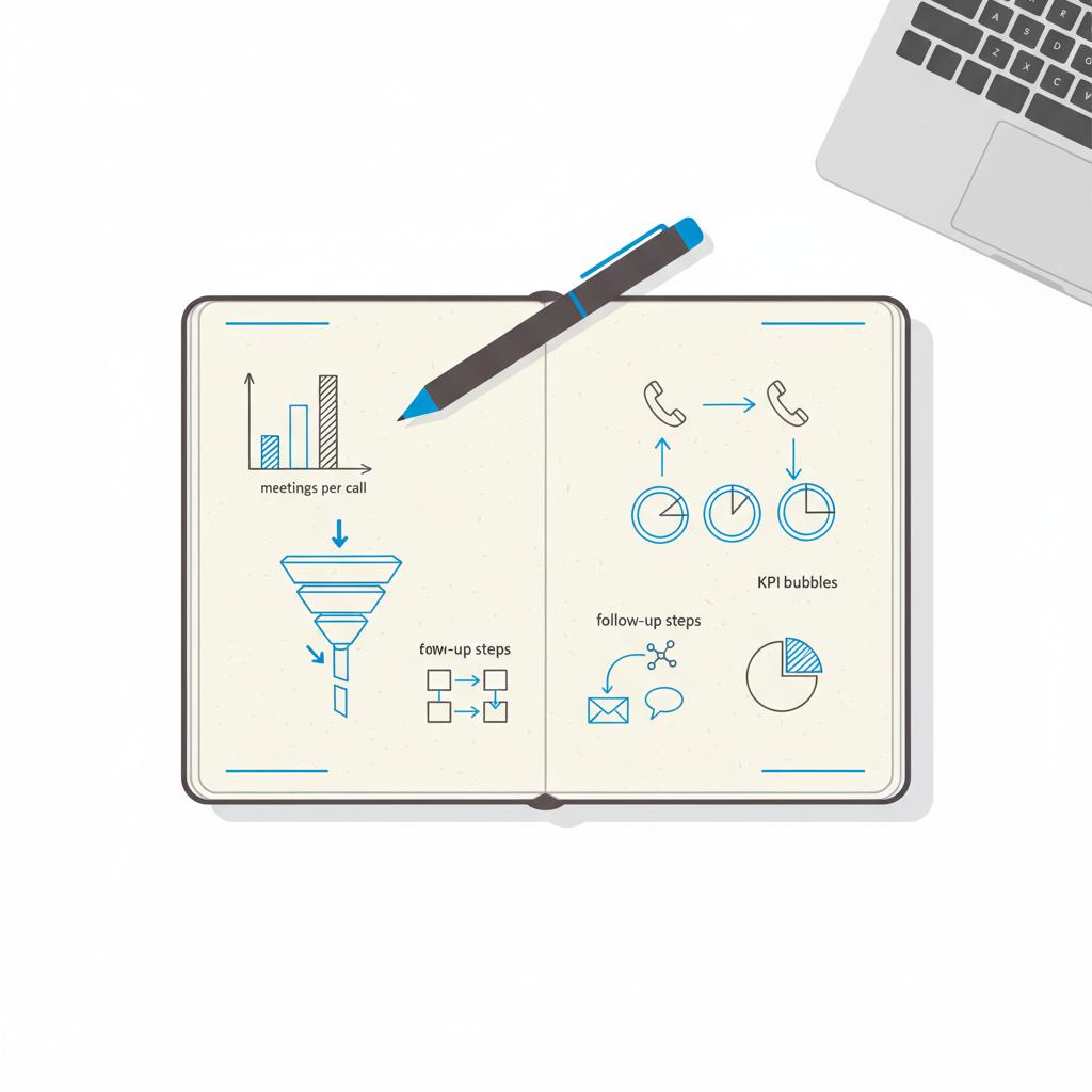 Minimalist 2D vector overhead of a tidy notebook with sketched call metrics, conversion funnel and phone-sequence diagrams for cold calling, plus a pen and muted laptop keyboard
