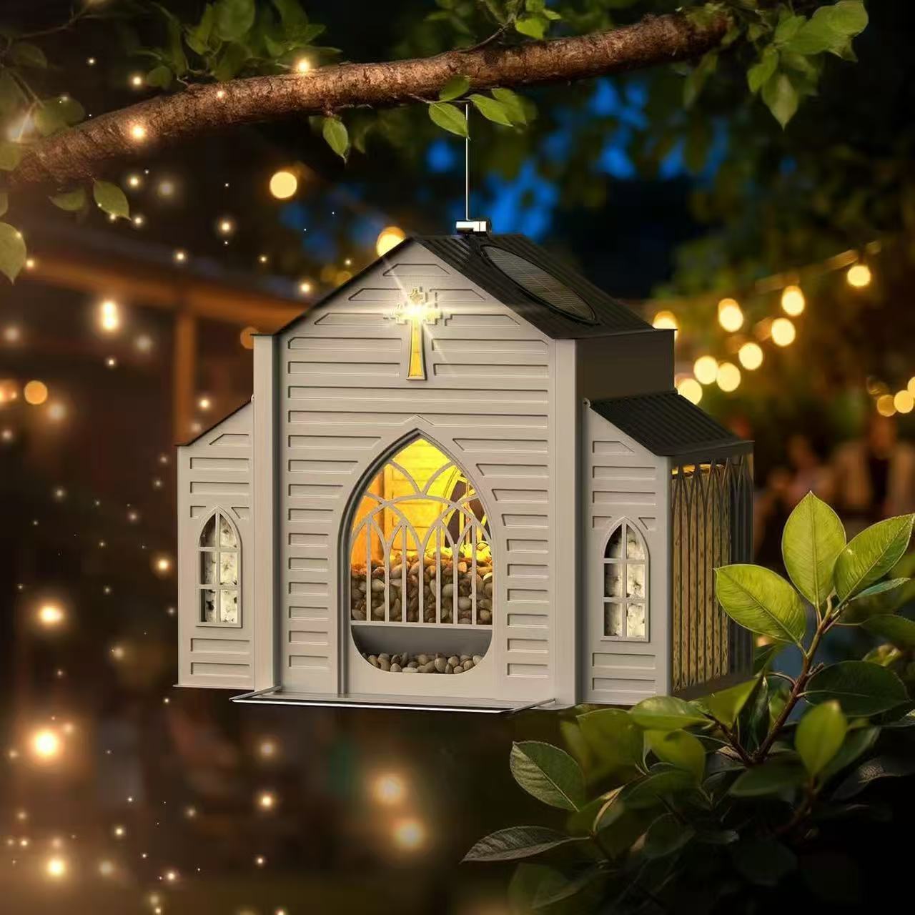 Church-shaped metal birdhouse, solar option
