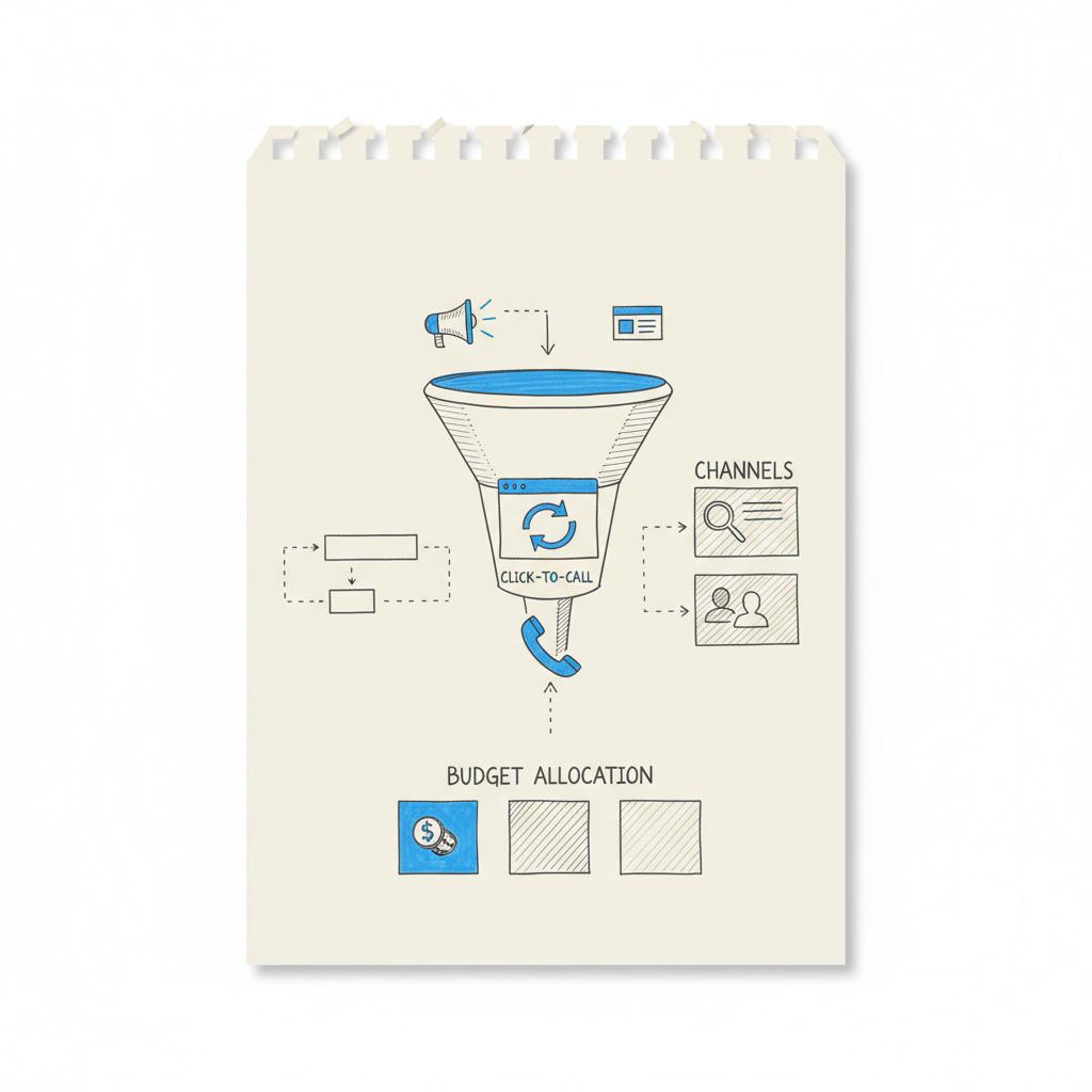 Hand-drawn notebook sketch of a 3-stage marketing funnel with icons (megaphone, browser retarget, phone) and a blue-accent budget highlight, representing google ads.