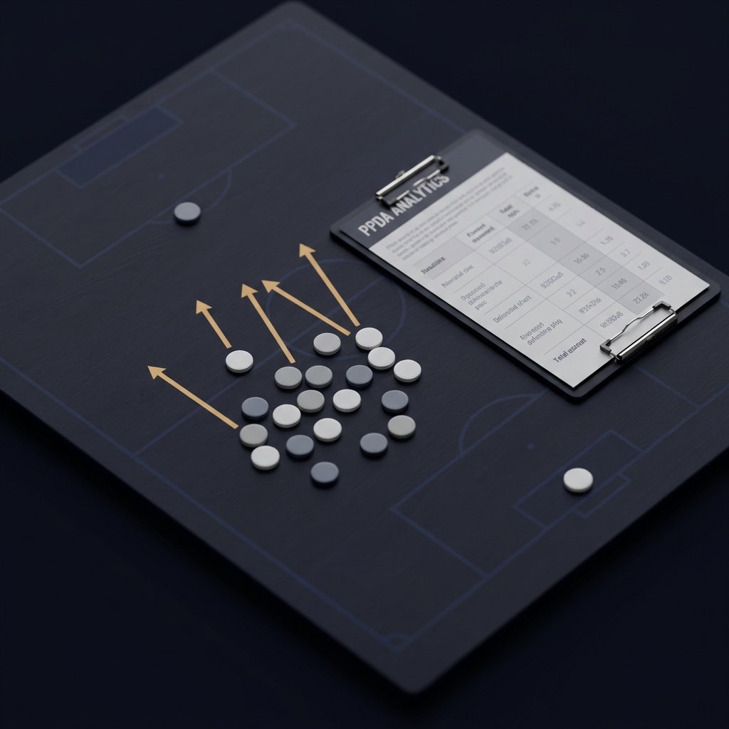 Close up of a soccer tactical board showing lower block markers arrows for direct play and a printed PPDA chart illustrating How Relegation Pressure Affects Late-Season Matches