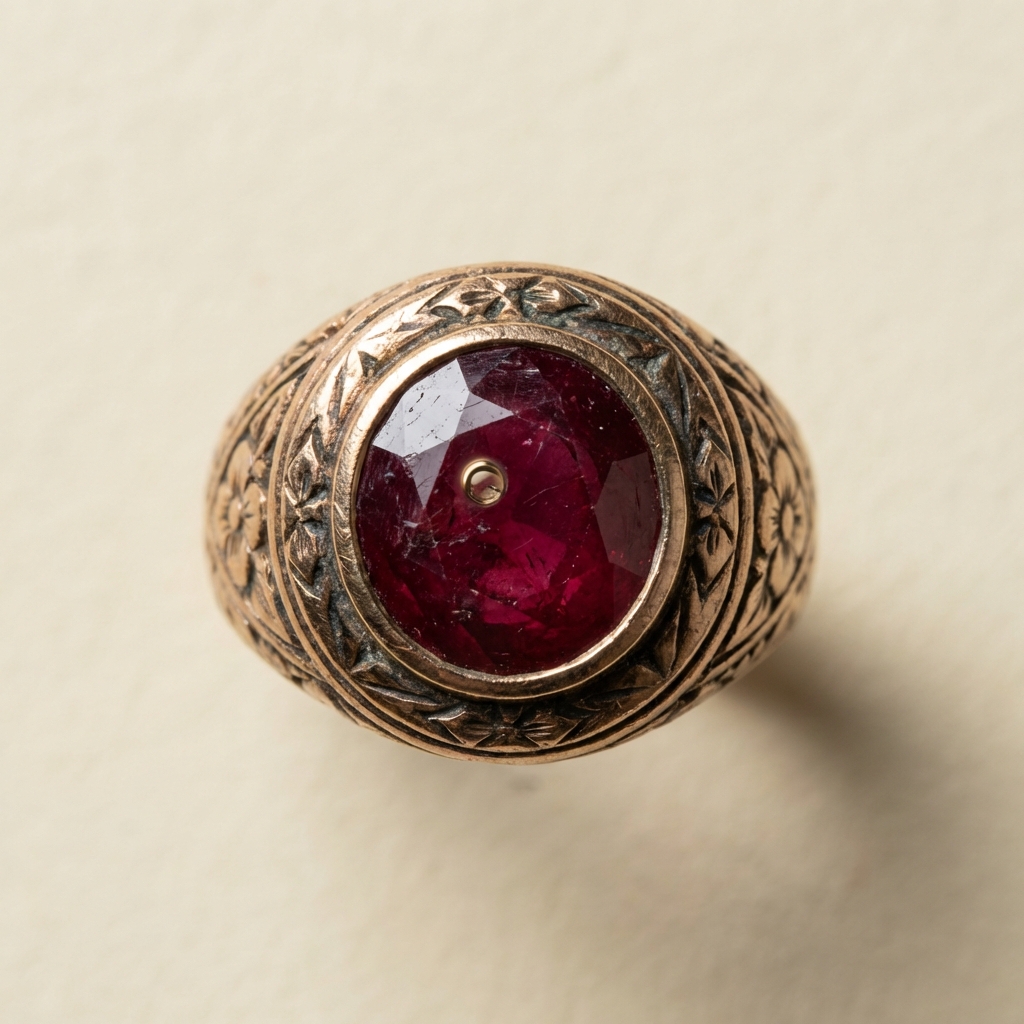 Macro full frame close up of an ancient ruby ring in an antique bezel showing surface patina and metalwork details with a 10x loupe reflection on the gem on a soft beige background ede7da