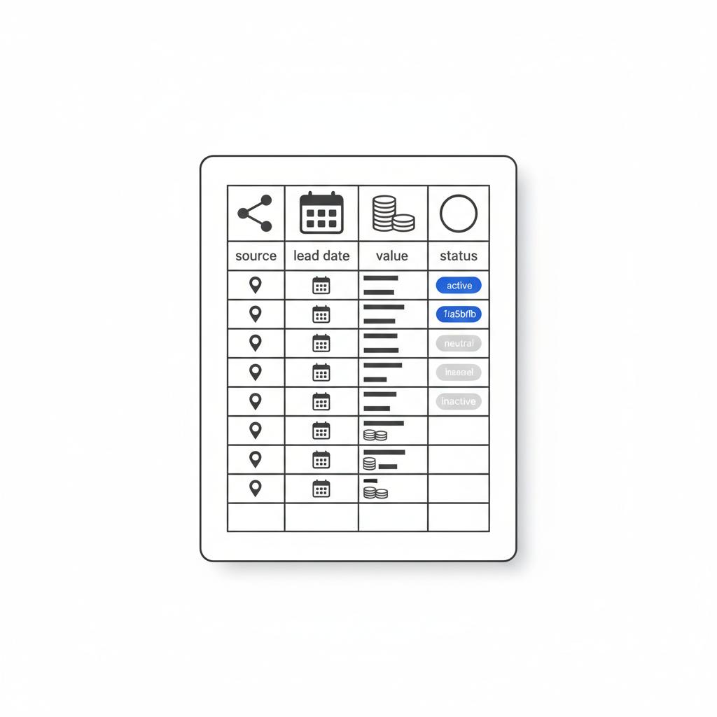 Vector overhead mockup of a minimalist paper spreadsheet with icon-only columns for source, lead date, value and colored status stickers &mdash; Does Houzz charge for leads