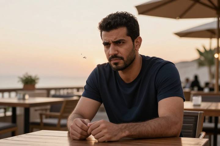 شخص يتضايق من البعوض أثناء جلوسه في الهواء الطلق
