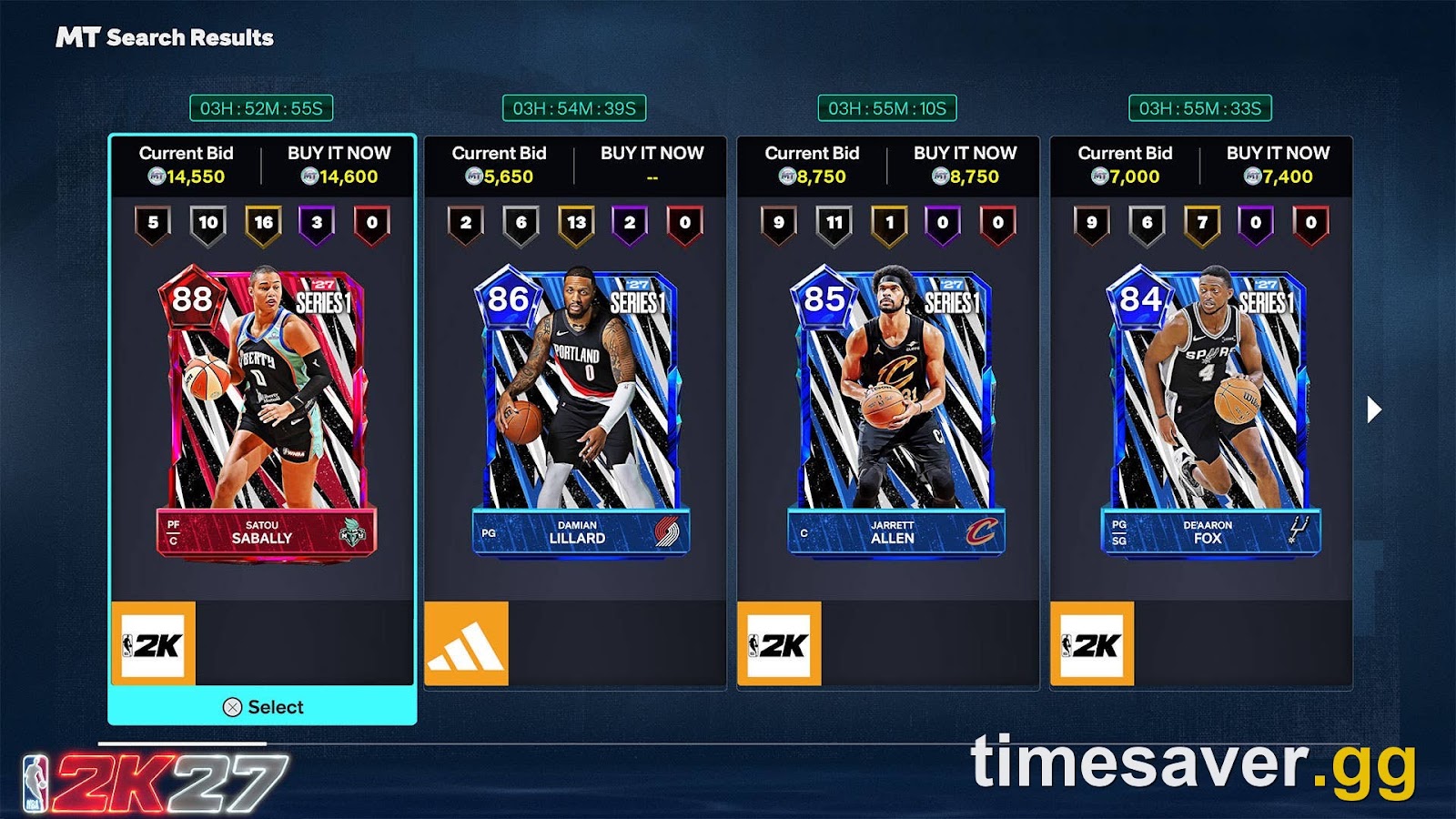NBA 2K27 MyTEAM Auction House search results showing '27: Series 1 cards with Current Bid, Buy It Now prices in MyTEAM Points, and countdown timers