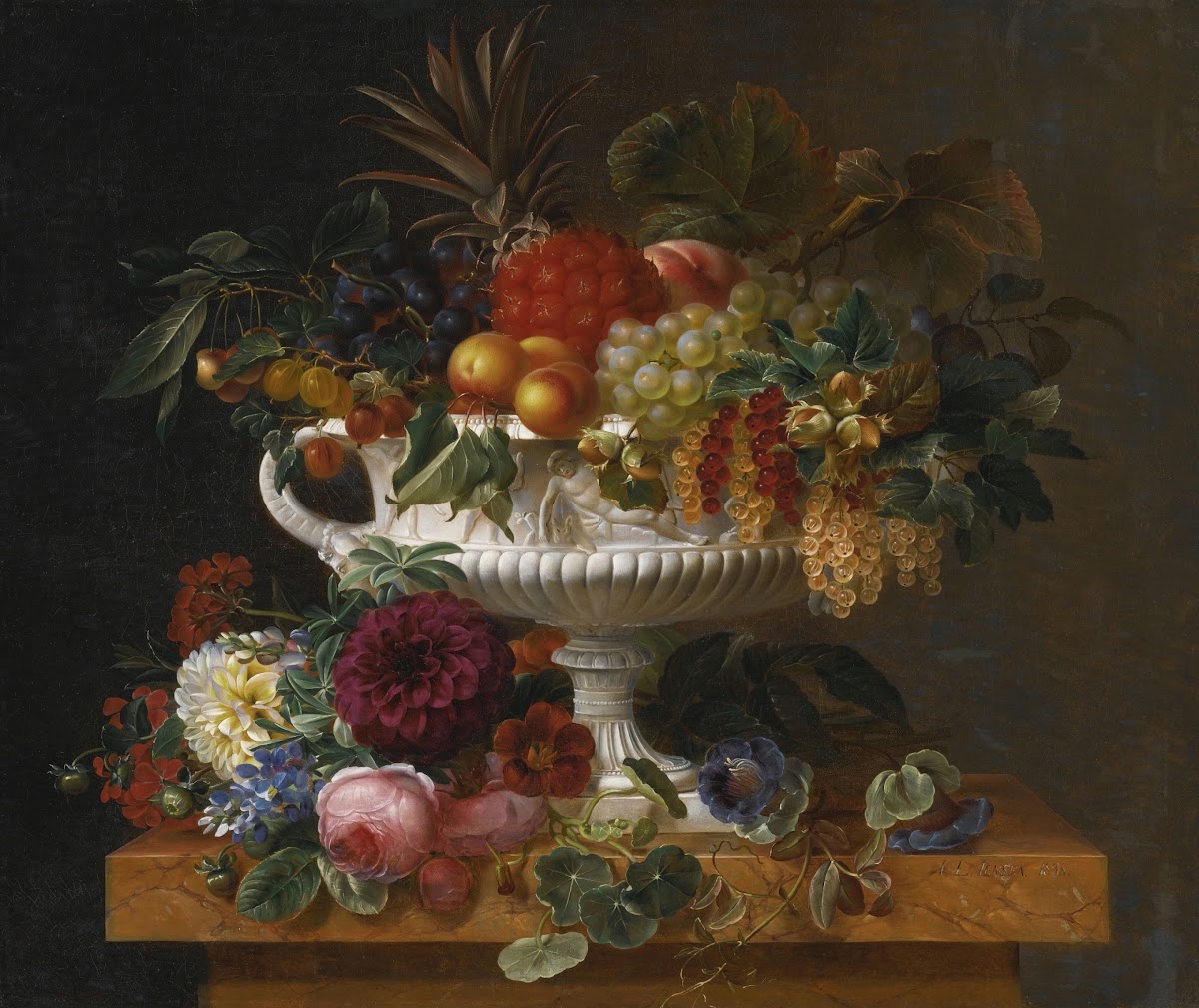 A Classical Urn with Gooseberries Apricots Currents Cherries Peaches and Pineapp