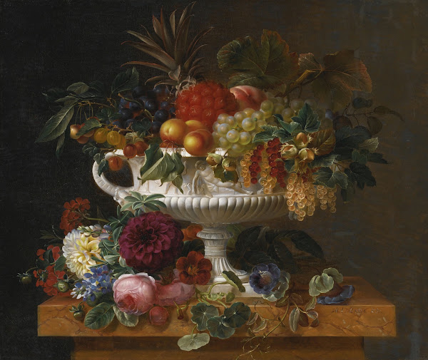 A Classical Urn with Gooseberries Apricots Currents Cherries Peaches and Pineapp