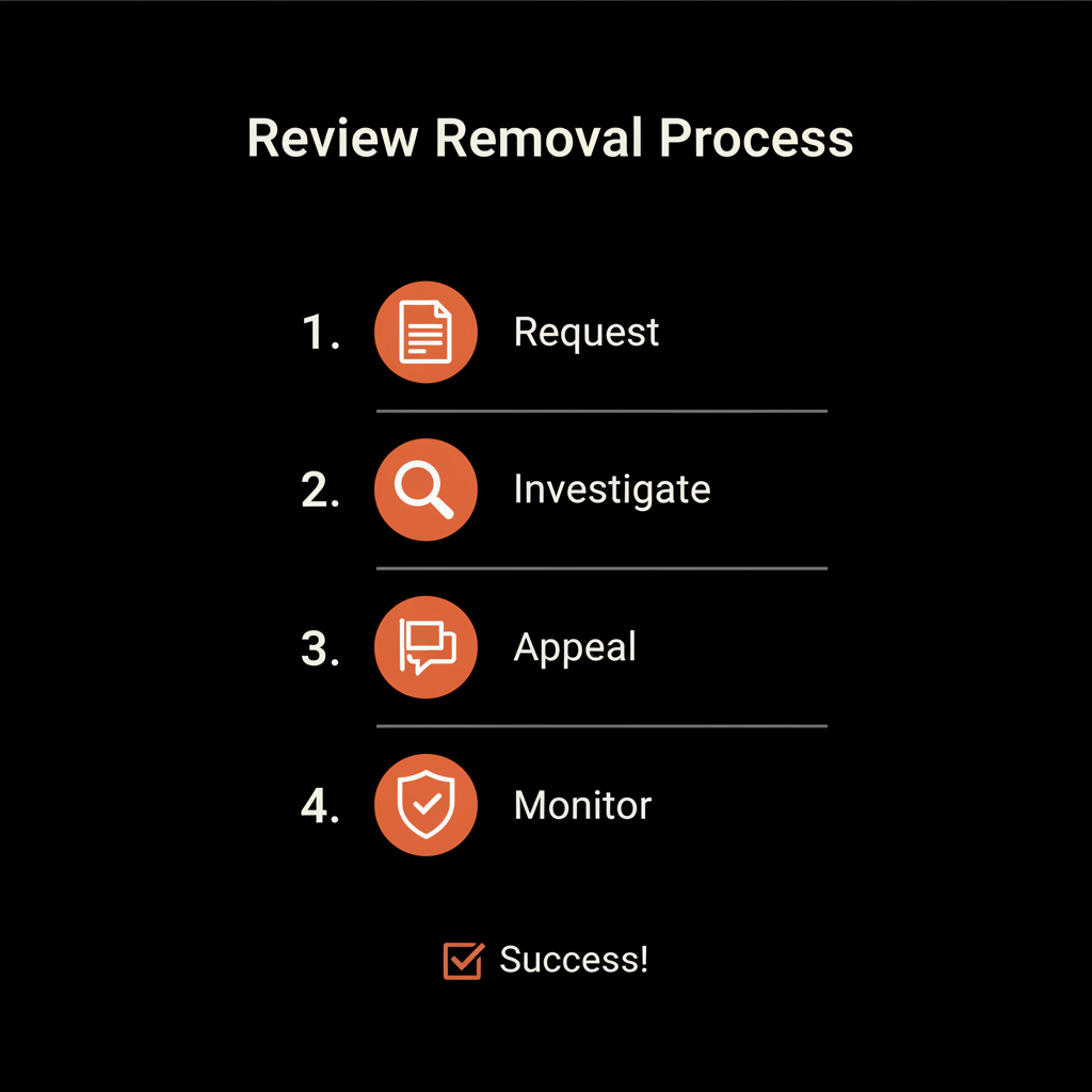 Minimal infographic checklist showing steps to get old Google reviews removed with four vector icons and brand colors on a black background.