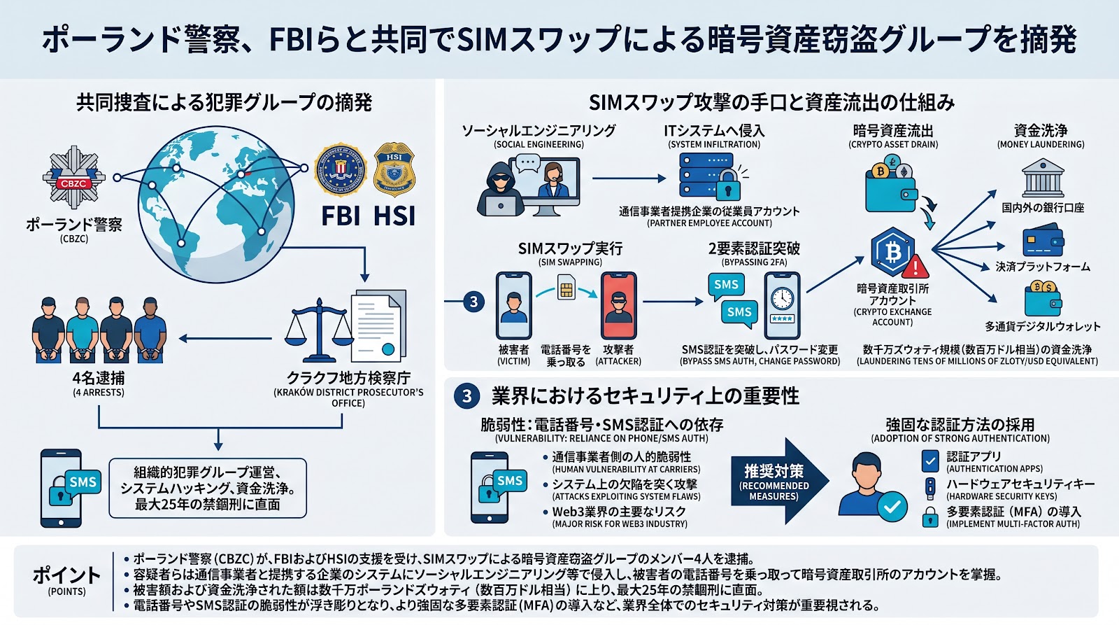 ポーランド警察、FBIらと共同でSIMスワップによる暗号資産窃盗グループを摘発