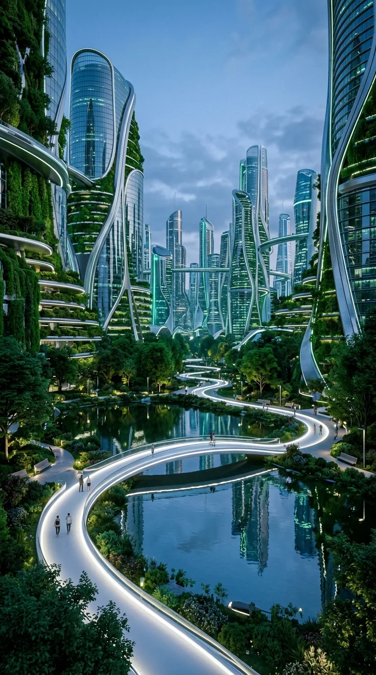 Futuristic City Park with Glass Structures and Glowing Path - Free 4K mobile Wallpaper