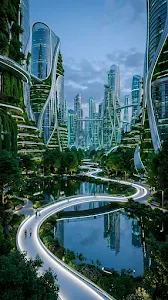 Futuristic City Park with Glass Structures and Glowing Path