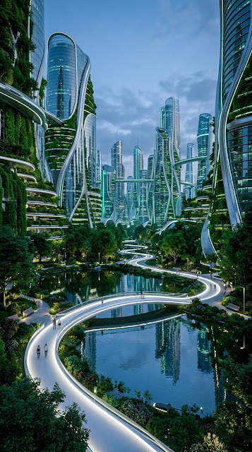 Futuristic City Park with Glass Structures and Glowing Path - Free mobile Wallpaper