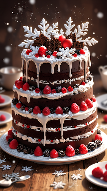 Luxurious Chocolate Cake with Raspberries and Snowflakes - Free mobile Wallpaper