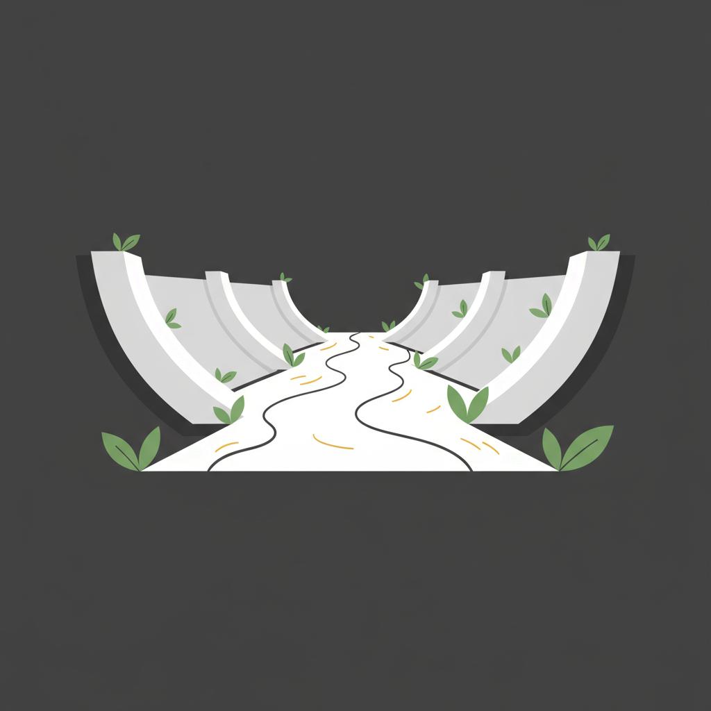 Minimalist 2D vector of a small river through a wide spillway symbolizing resilience and steady flow for day trading with green accents 4aa568 and gold highlights e6bb5b on dark 0f0f0f background
