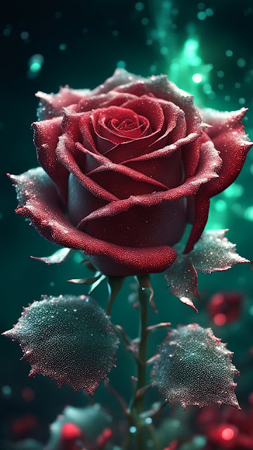 Velvet Red Rose with Dew Drops on Green Glow - Free mobile Wallpaper