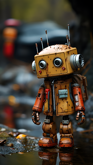 Retro Rusty Robot Figurine Standing in Shallow Water - Free mobile Wallpaper