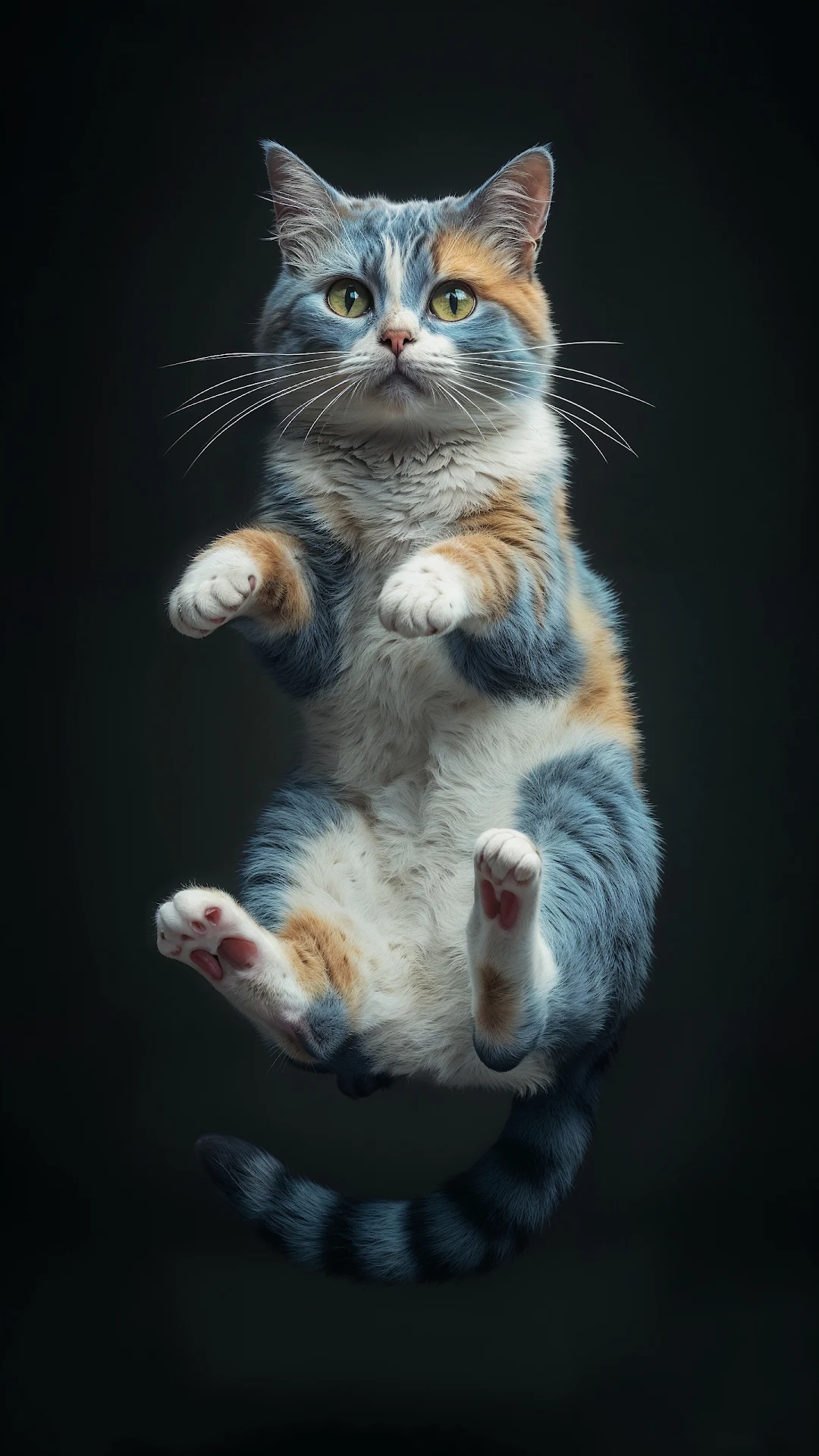 Floating Calico Cat with Striped Tail Against Dark Background - Free 4K mobile Wallpaper