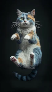 Floating Calico Cat with Striped Tail Against Dark Background