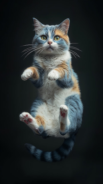 Floating Calico Cat with Striped Tail Against Dark Background - Free mobile Wallpaper