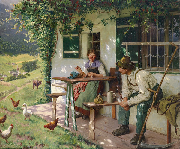 Junges Paar vor einem Bauernhaus
