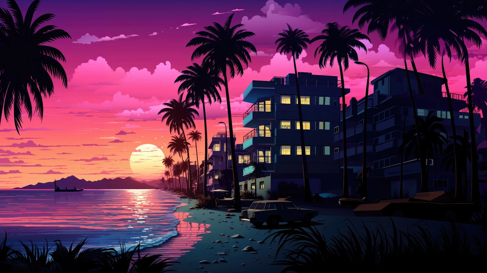 Synthwave, Palm Trees, Sunset, Beach 4K Desktop Wallpaper Background [3840x2160] Free Download