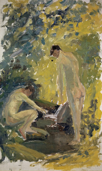 Two Nude Young Men in a River in the Woods