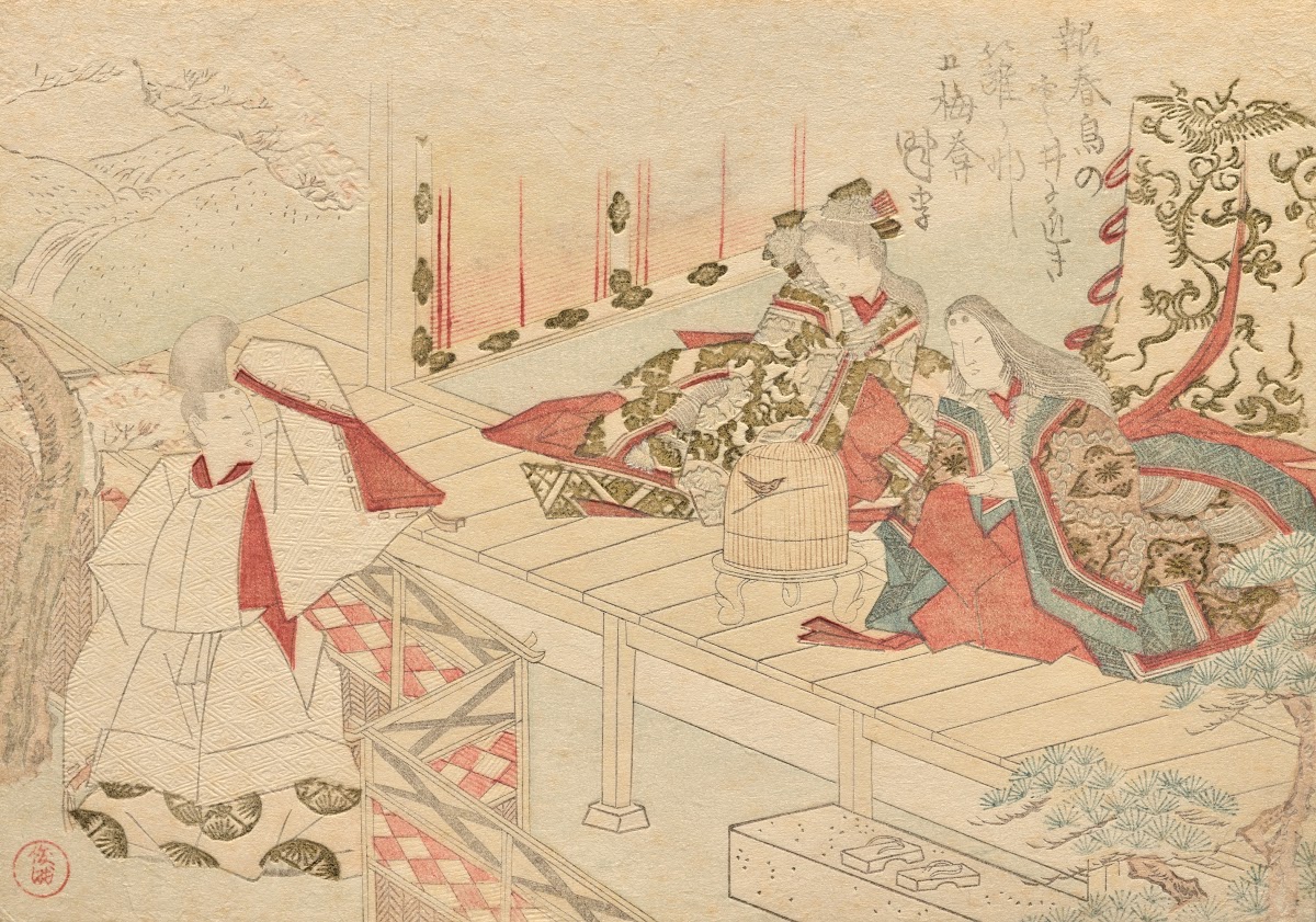 A strolling courtier waves to a lady in waiting sitting on a veranda with her yo