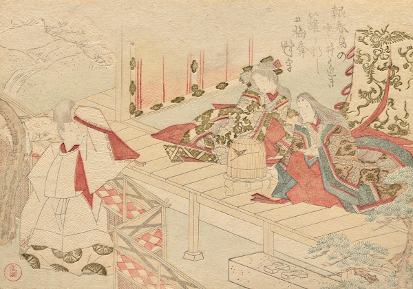 A strolling courtier waves to a lady in waiting sitting on a veranda with her yo