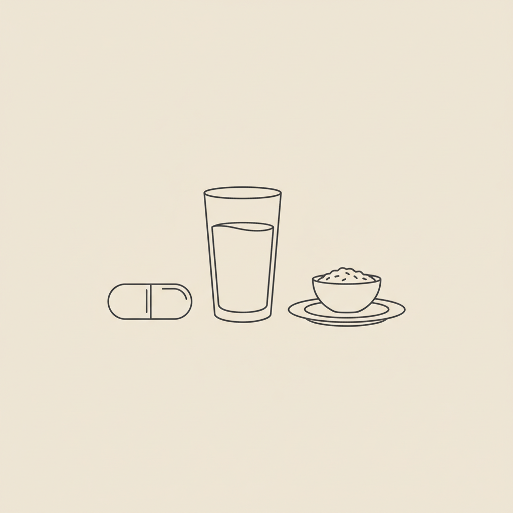 Minimalist line illustration of a magnesium glycinate capsule, glass of water, and a plate with a small bowl of oats on a beige #F2E5D5 background.
