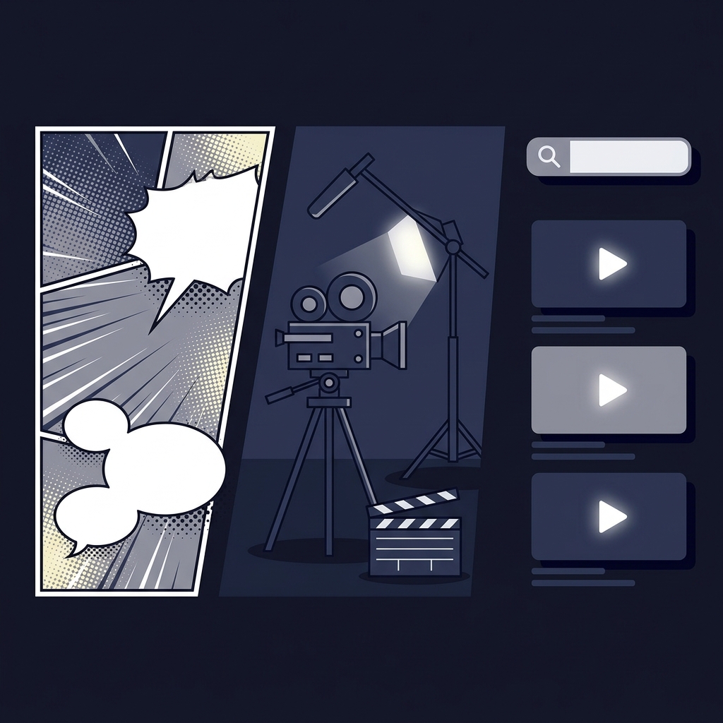 Minimalist 2D vector montage showing a manga panel halftone a blank film set with camera rig and a simplified streaming search UI with thumbnails illustrating adaptation and platform access bet star