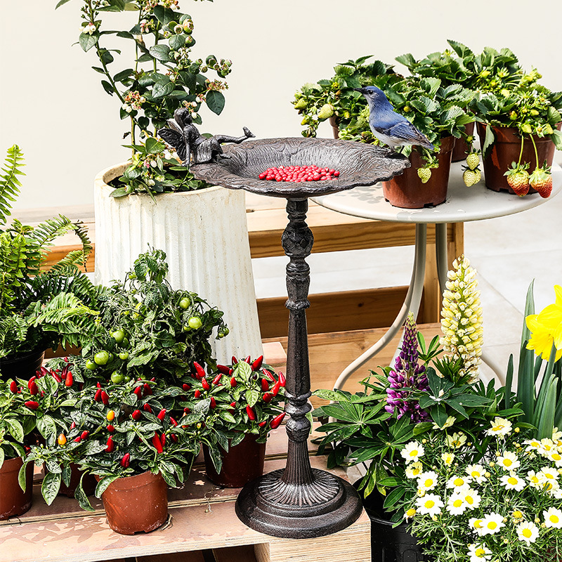 Cast iron standing birdbath, angel design, antique look