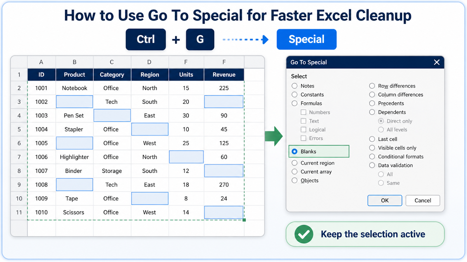 Excel Go To Special example selecting only visible cells or blanks within the intended range