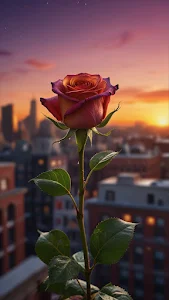 Single Rose Against City Sunset Skyline