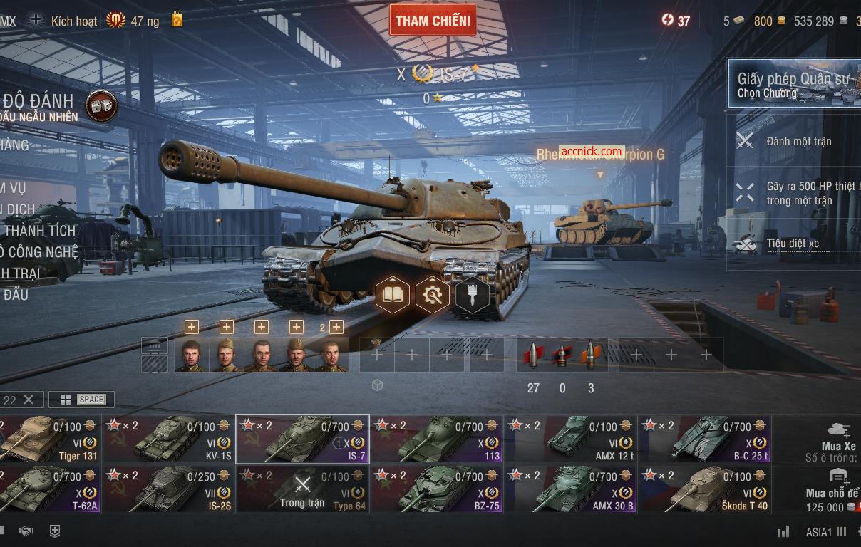 Acc WoT sẵn 6 xe X (T62A, IS-7, BZ-75, 113, BC 25T, AMX 30B)...