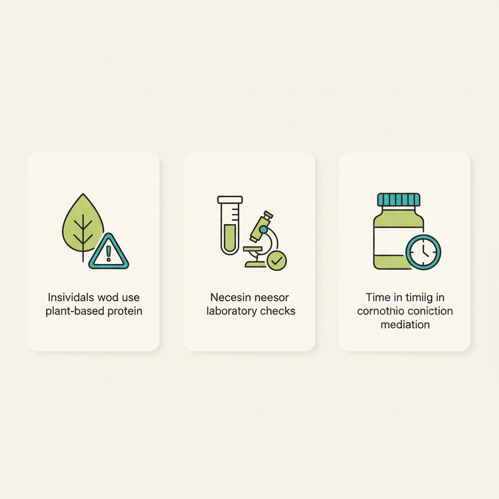 Minimalistische 2D-Infografik mit drei Vektor-Icons (Warnblatt, Laborröhre, Medikamentenflasche) zur Erläuterung, wer sollte kein pflanzliches protein zu sich nehmen