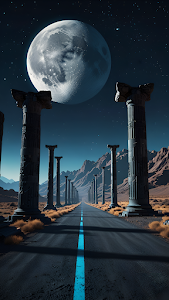 Road Through Ancient Columns Under Giant Moon