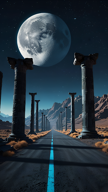 Road Through Ancient Columns Under Giant Moon - Free mobile Wallpaper