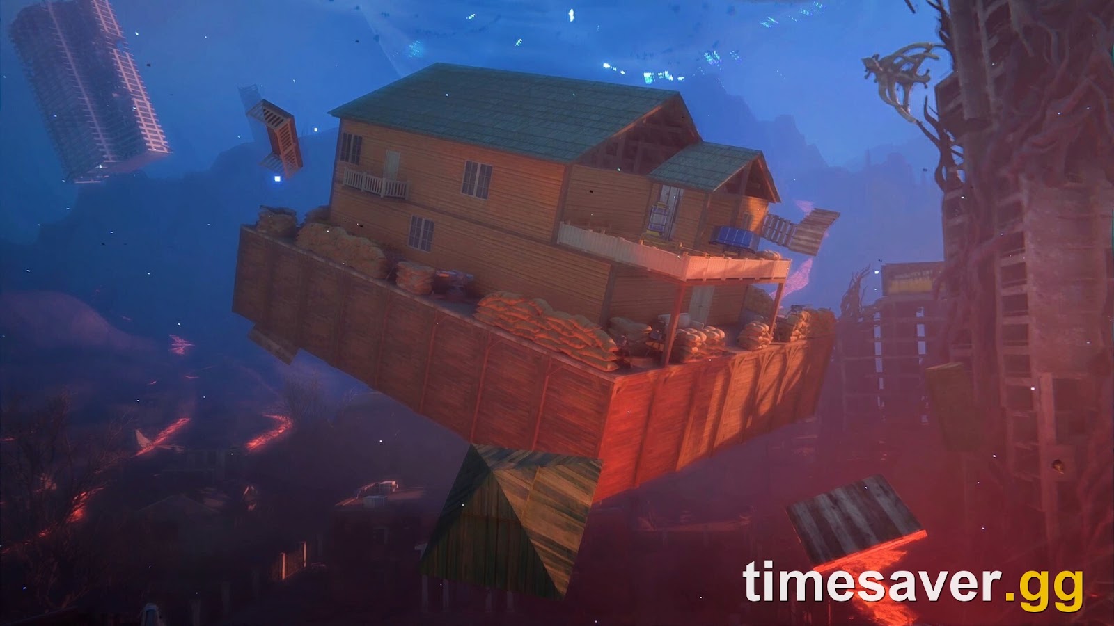 Two survivors building a fortified, turret-equipped base together in Once Human — sharing a base needs the owner to grant building permissions.