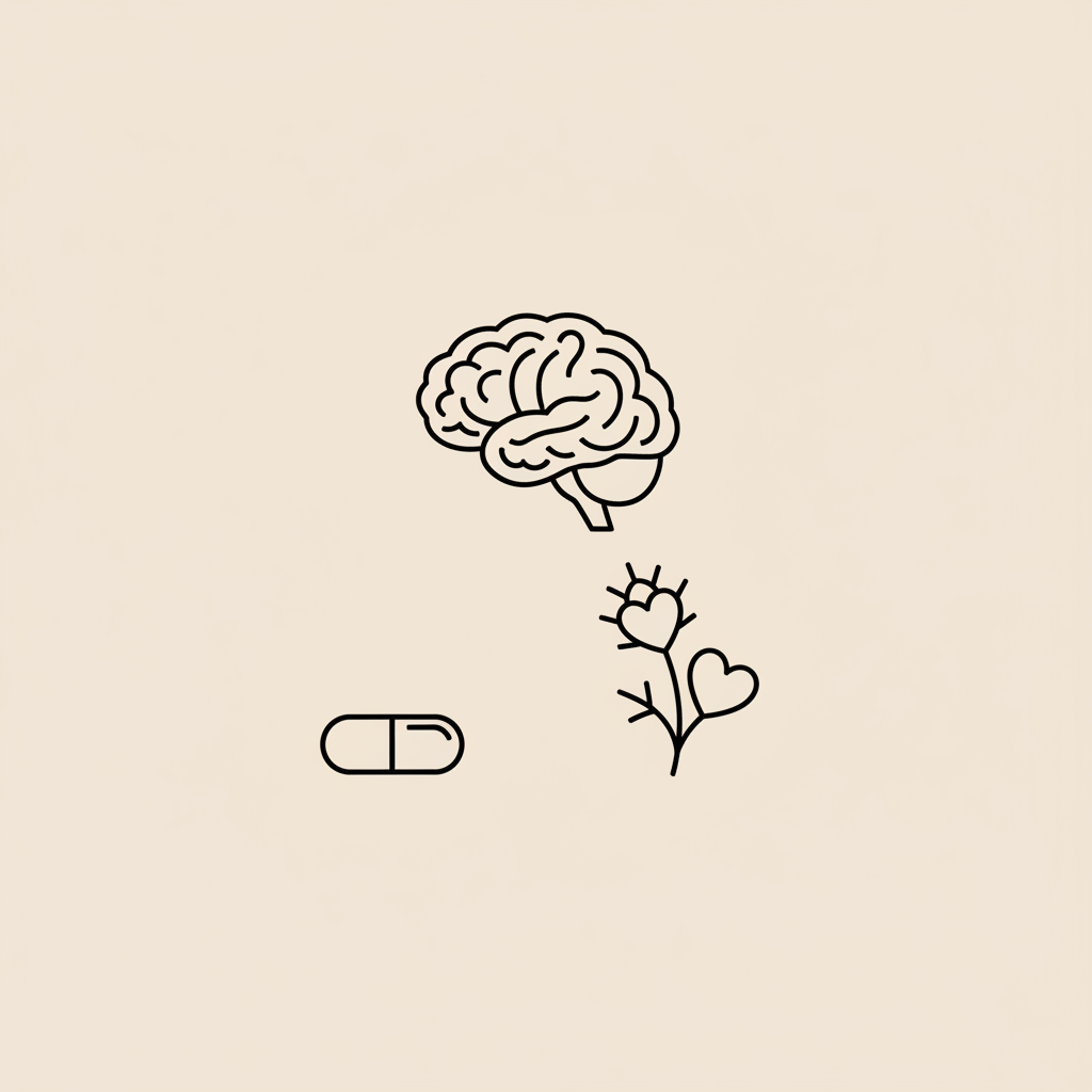 Minimal line illustration of a brain, capsule, and milk thistle sprig on beige background representing brain fog and forgetfulness