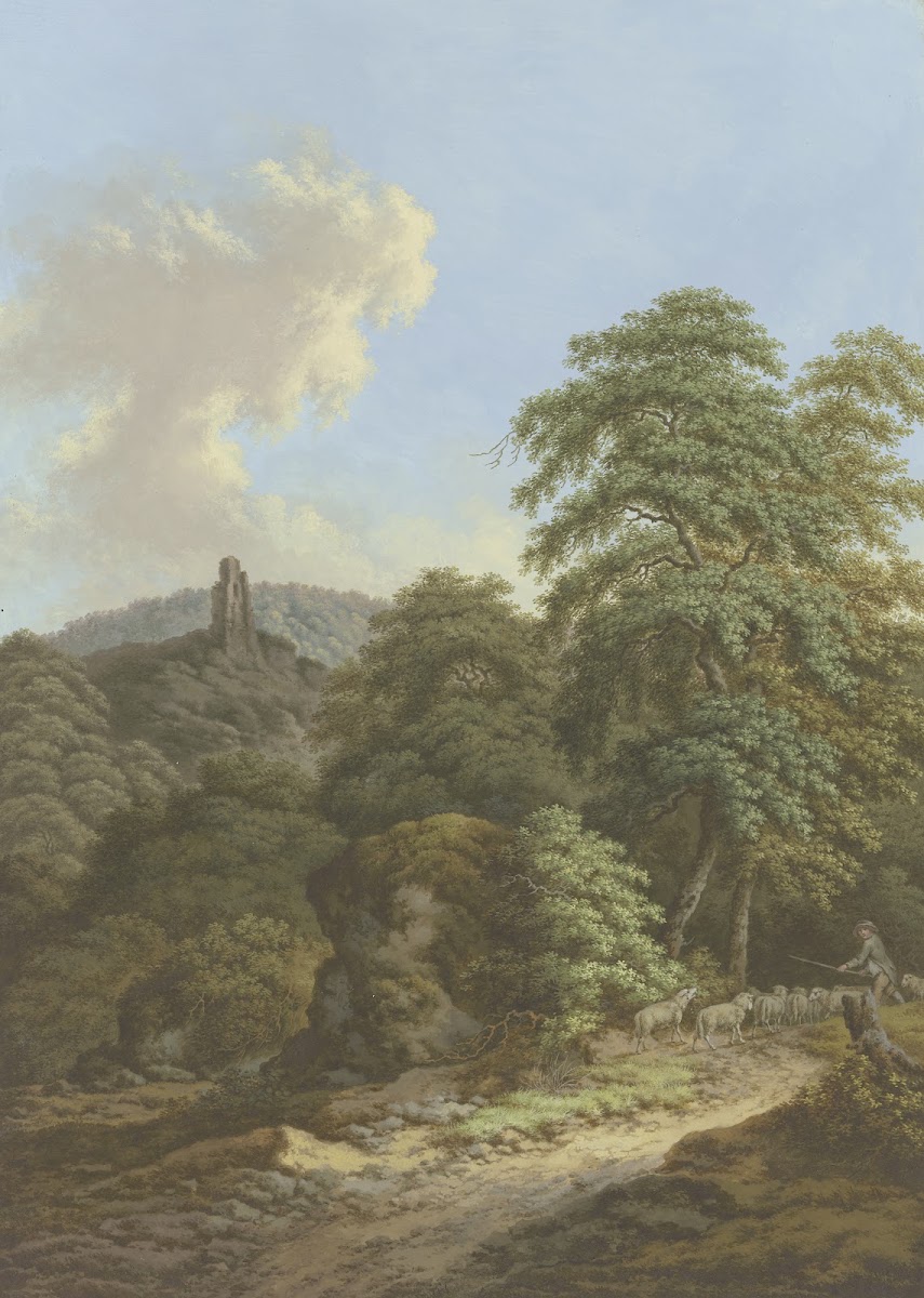 Blick auf eine Burgruine im Vordergrund ein Schäfer mit Herde
