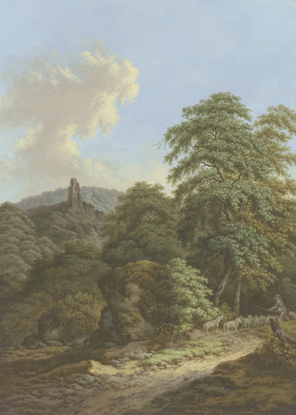 Blick auf eine Burgruine im Vordergrund ein Schäfer mit Herde