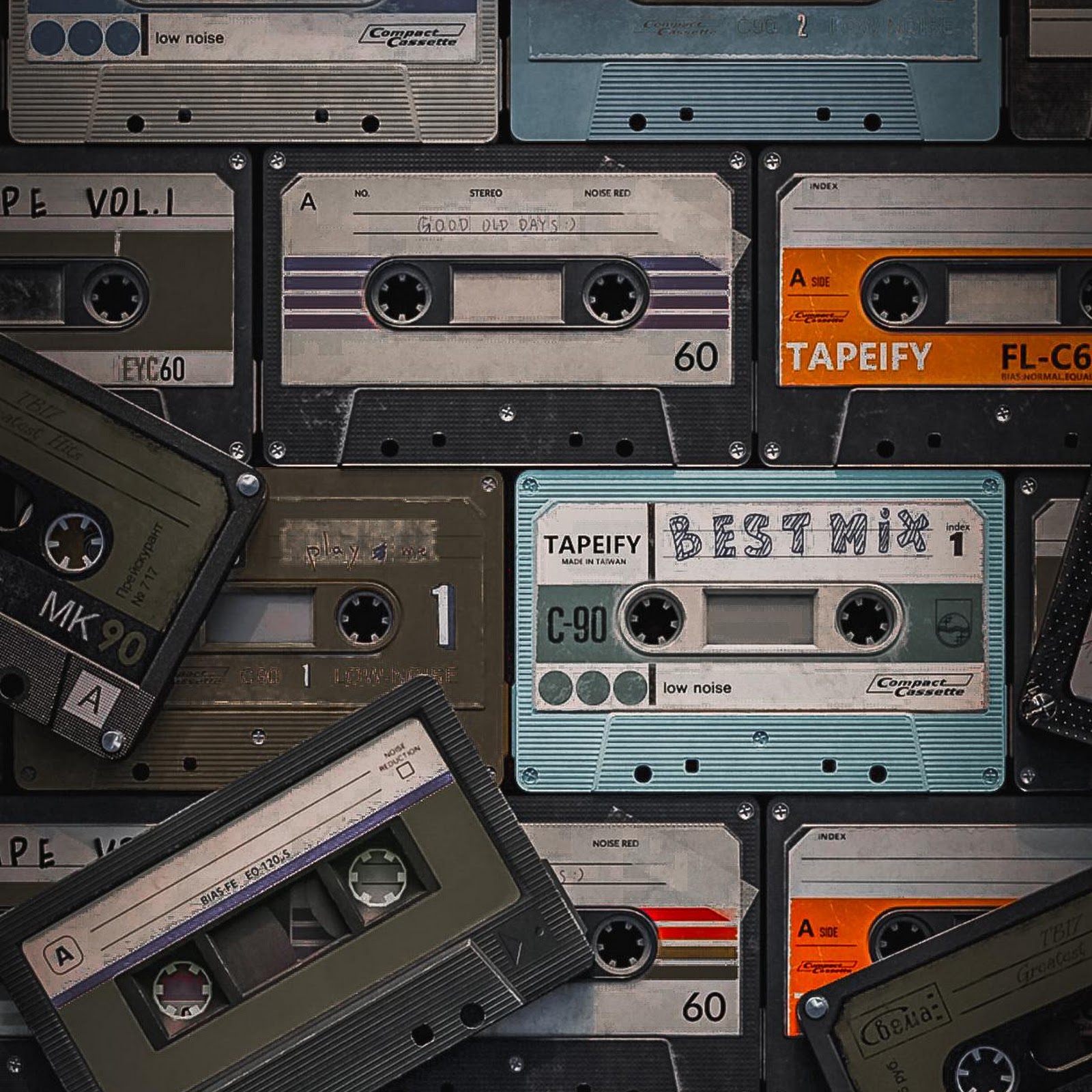 Download Stacked Retro Cassette Tape Collage Full HD iPhone