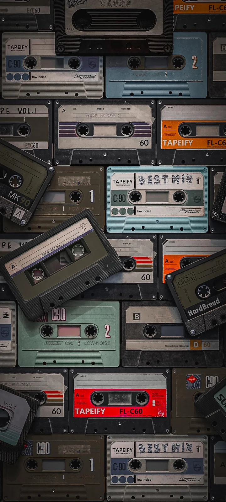 Stacked Retro Cassette Tape Collage - Retro Digital Art Full HD iPhone Wallpaper (1220x2712)