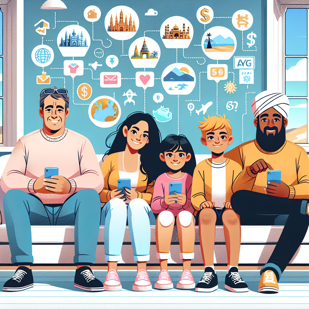 Ilustração de família usando app de viagem