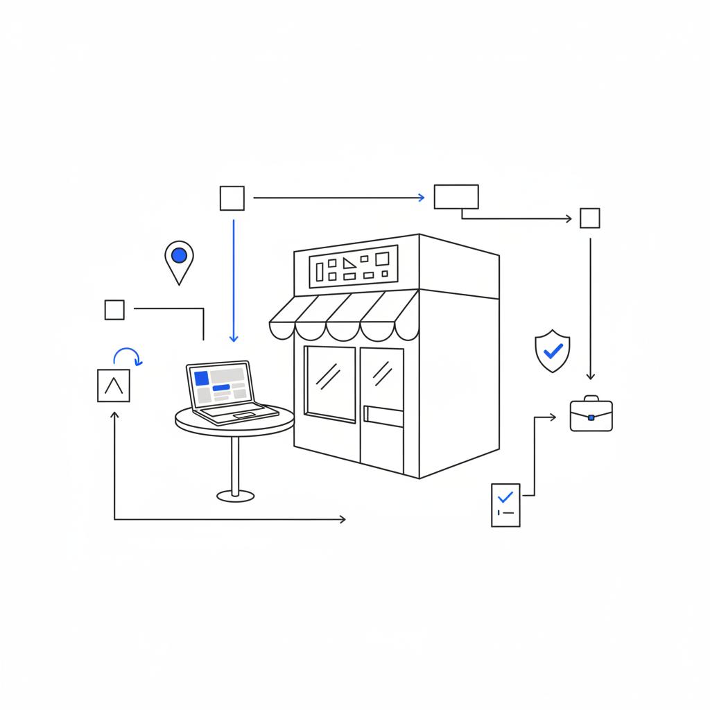 Vector notebook-style illustration of a storefront and laptop showing a blurred interface to suggest the digital verification process to claim ownership of a Google Business Profile