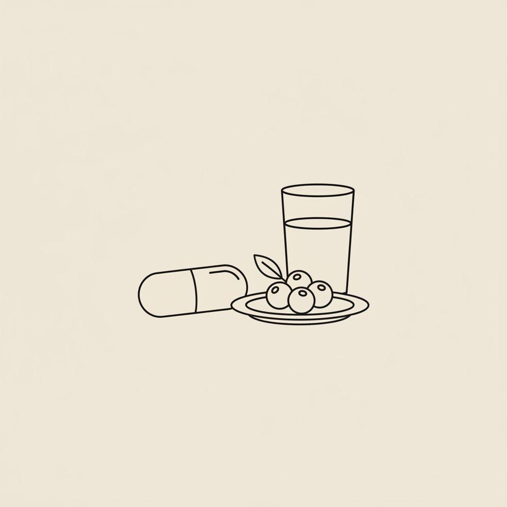 Minimalist Tonum-style line illustration of a capsule, a small plate with berries, and a water glass on a beige background representing best weight loss supplements for women.
