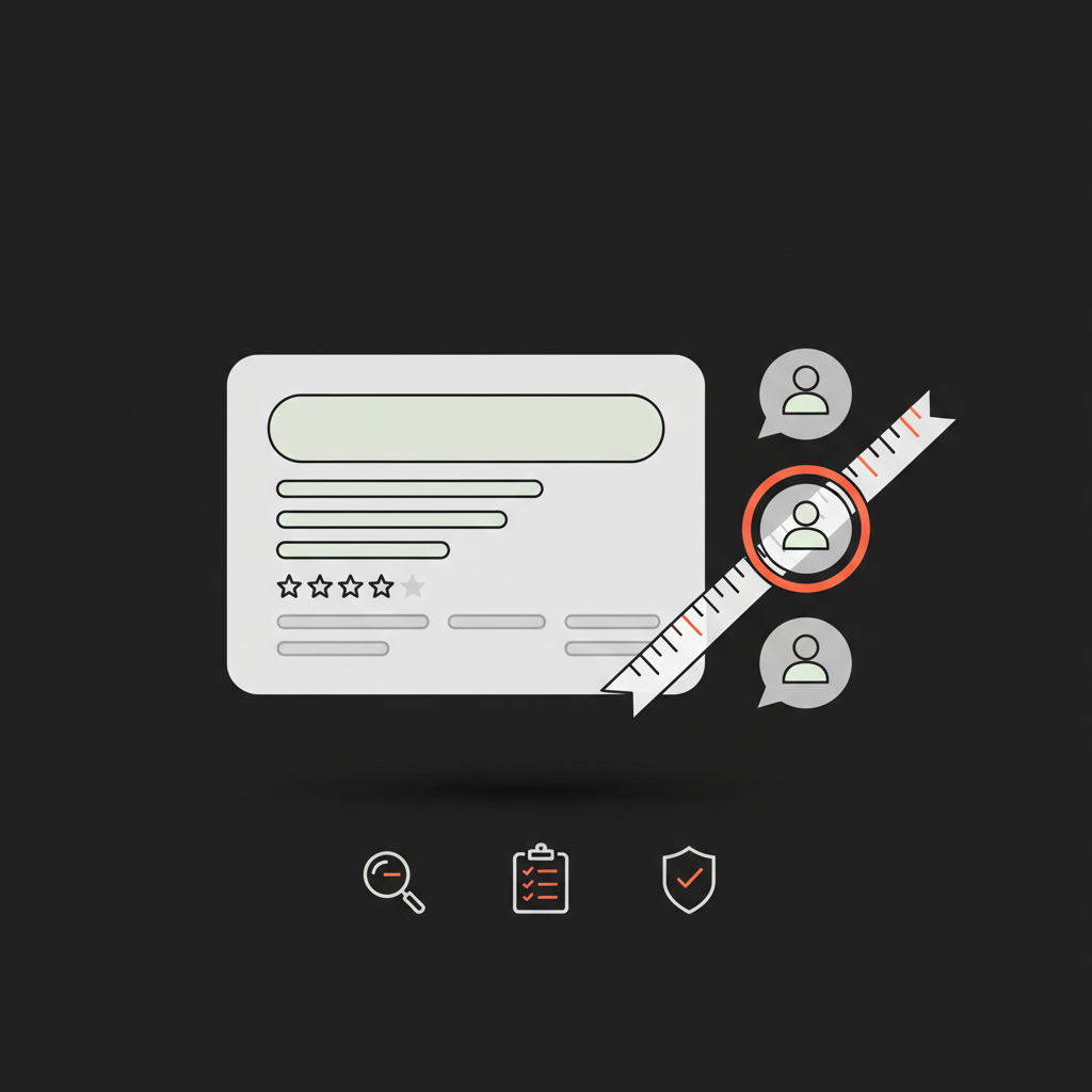 Minimal 2D vector infographic of a business profile card, highlighted review bubbles and a tape-measure overlay indicating evidence to remove fake Google review